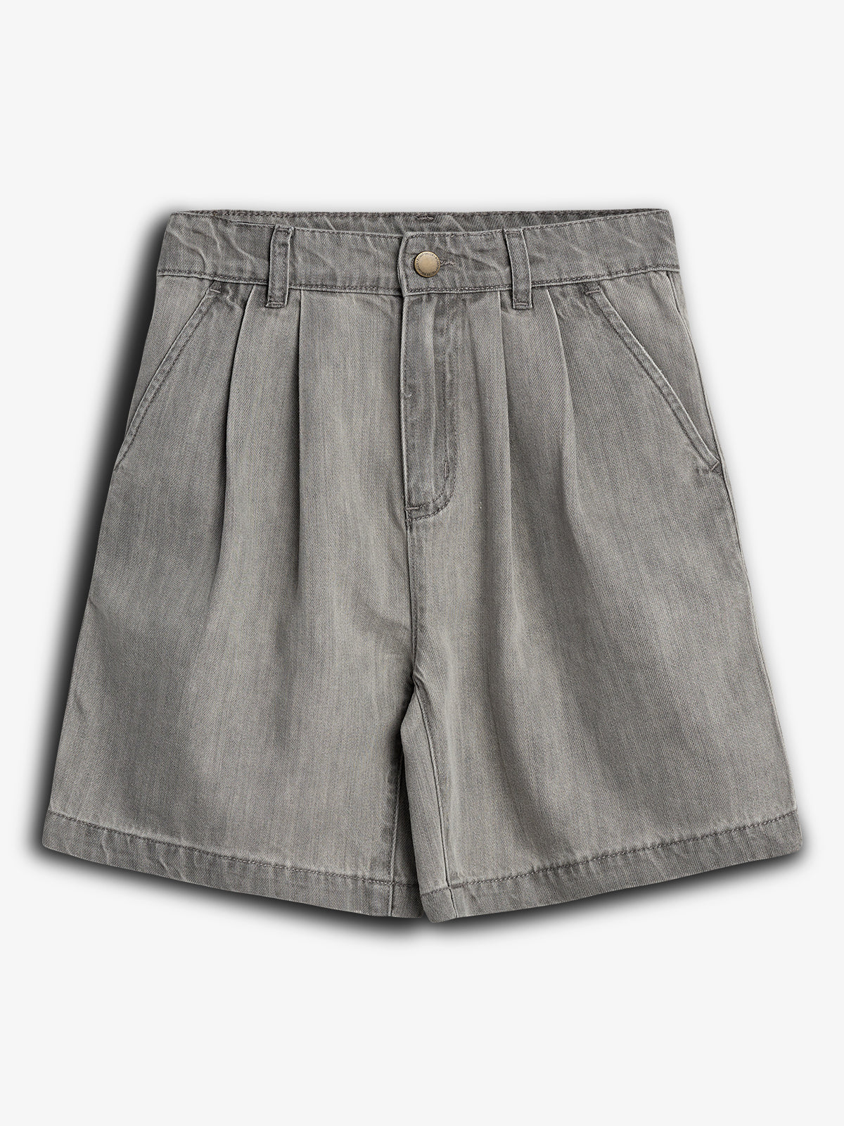 Gray denim shorts lay flat, featuring pleats and side pockets, with a button and zip closure. The background is plain white.