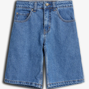 Denim shorts lie flat against a plain, light gray background, displaying front pockets, a button closure, and belt loops, highlighting their casual and versatile design.