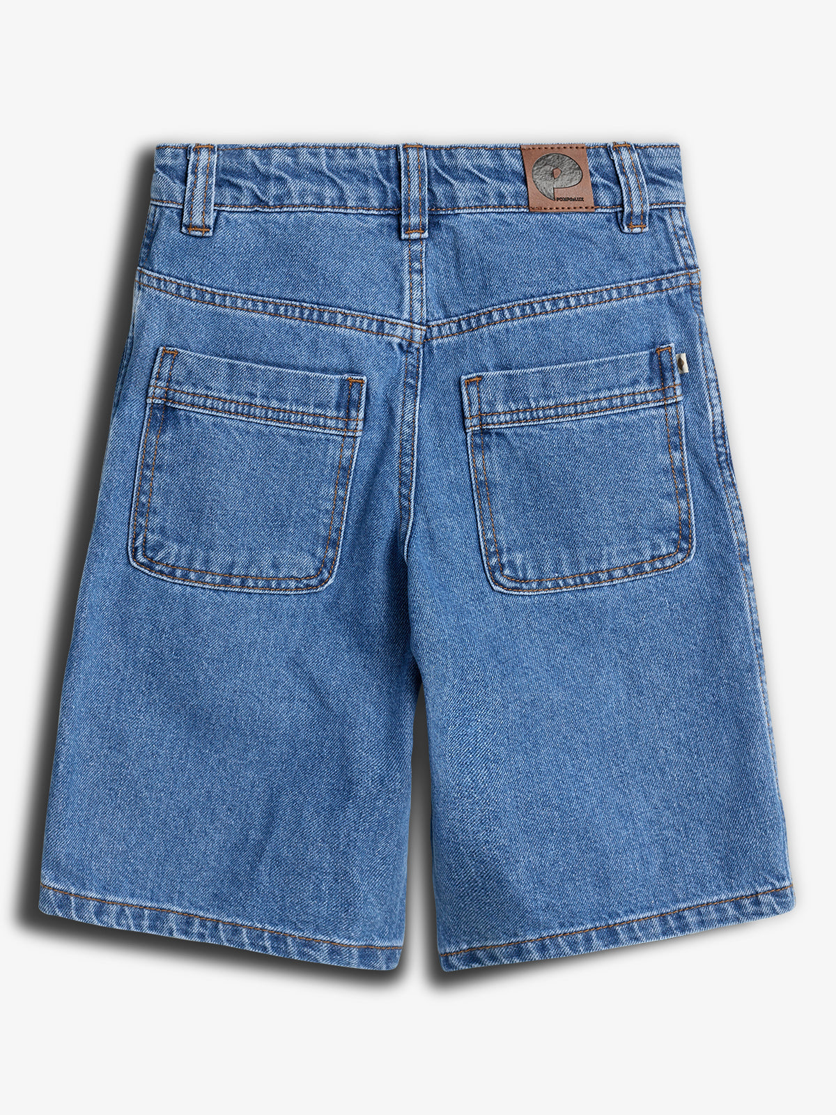 Blue denim shorts with two back pockets and belt loops. A brown leather patch, featuring a tree logo and the text "ORIGINAL LEE PREMIUM DENIM," is sewn on the waistband.