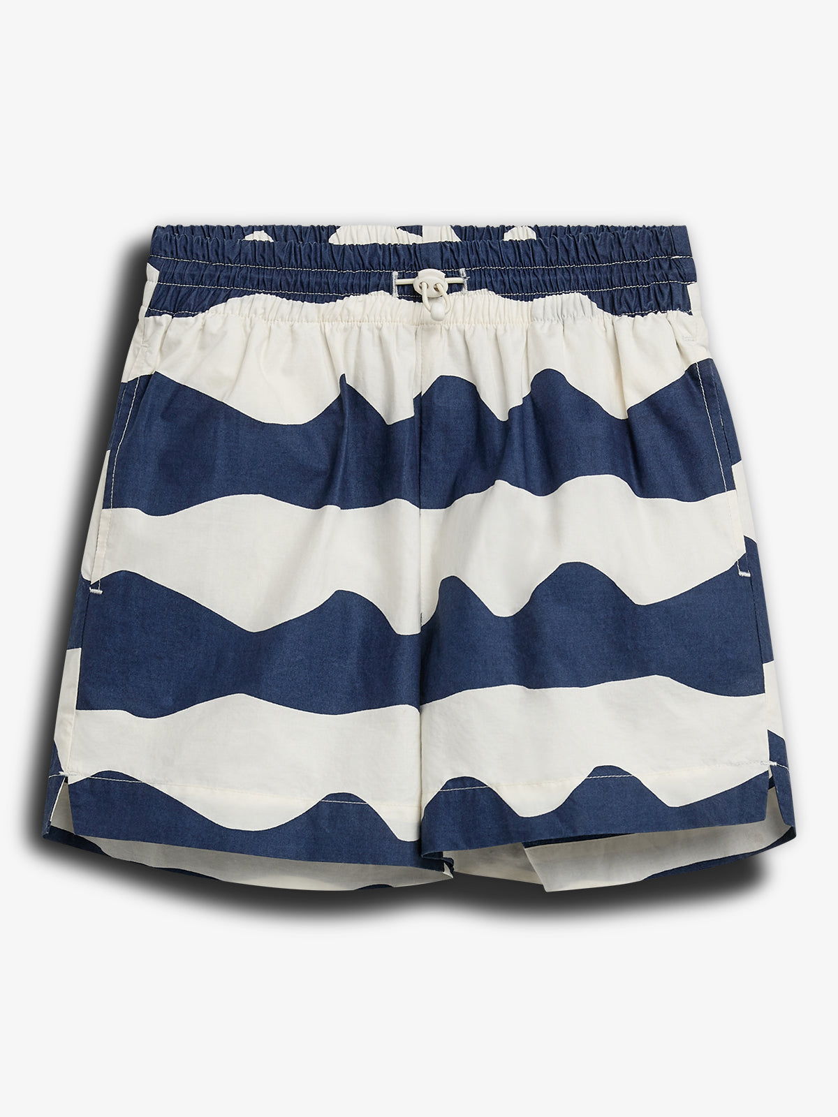 Shorts with blue and white wave patterns, featuring an elastic waistband and drawstring, displayed against a plain white background.