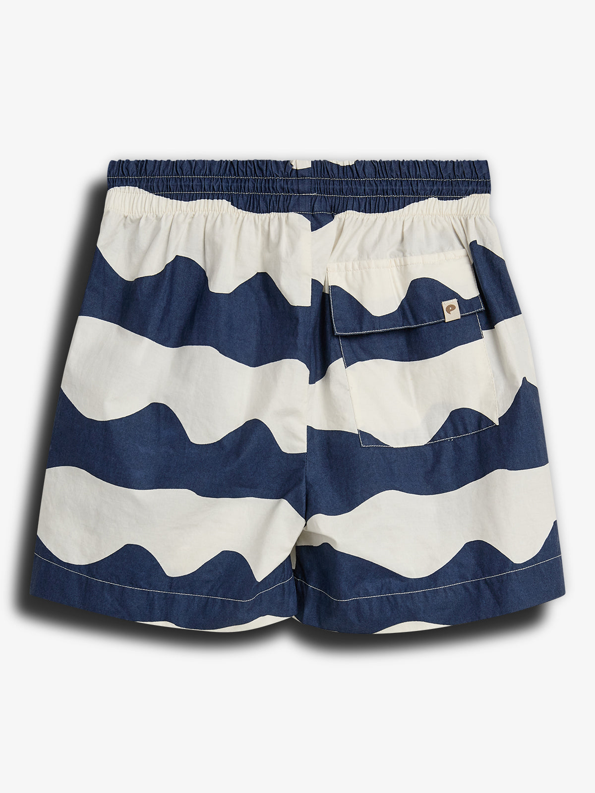 Shorts display blue and white wavy stripes, featuring an elastic waistband and a back pocket with a button flap. They are set against a plain white background.