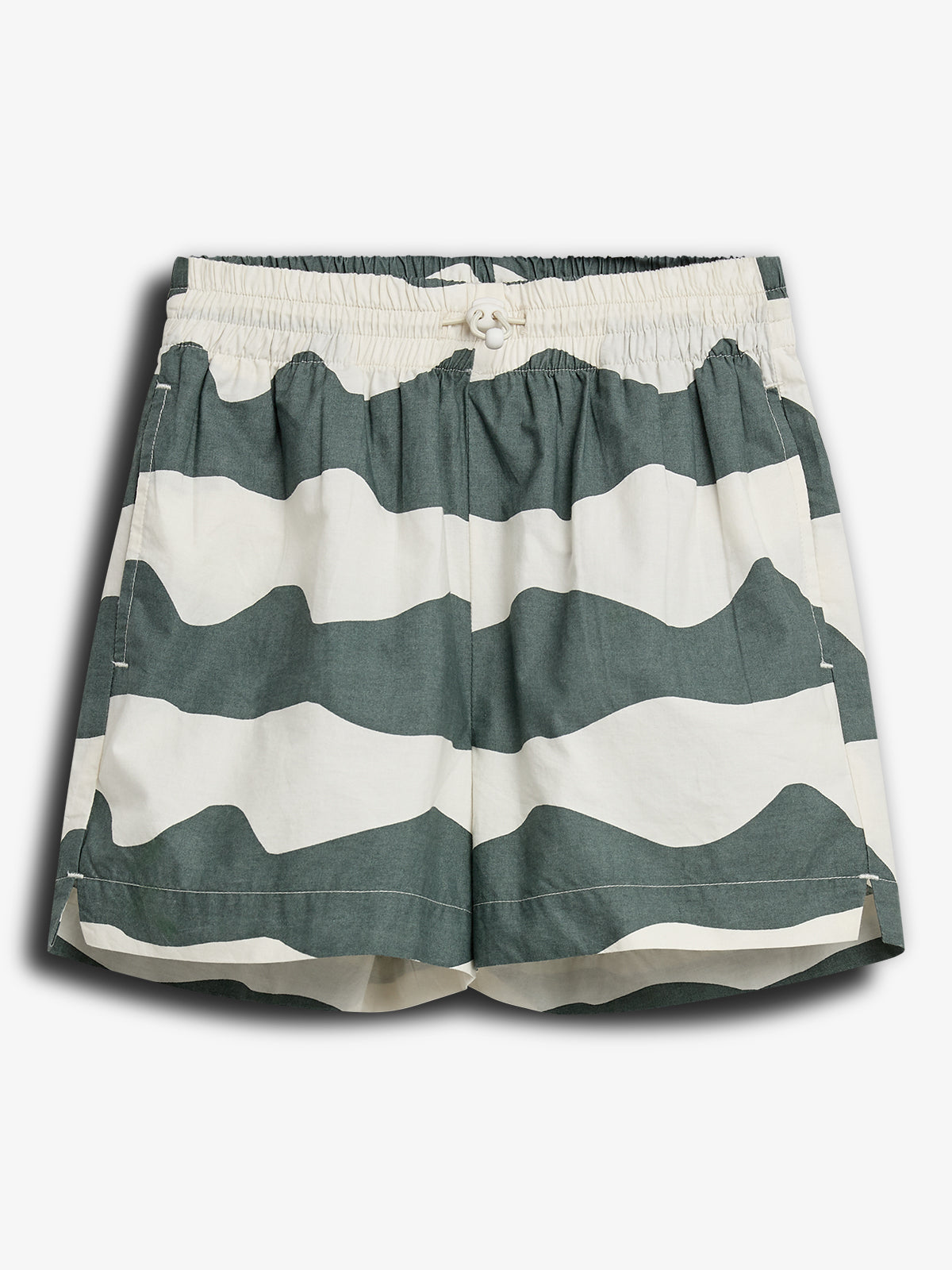 Green and white striped shorts with an elastic waistband and drawstring, lying flat against a white background. The pattern alternates between broad horizontal stripes, creating a casual appearance.