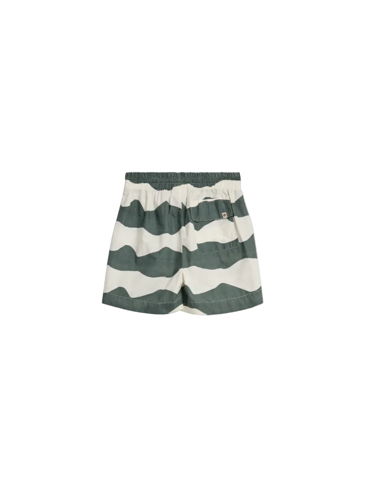 Shorts with wavy green and white stripes, featuring an elastic waistband and a back pocket, displayed on a plain white background.