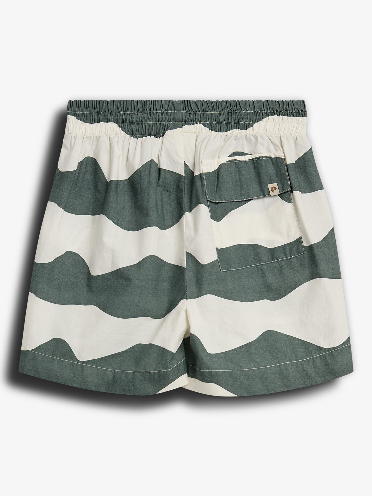 Shorts with wavy green and white stripes, featuring an elastic waistband and a back pocket, displayed on a plain white background.