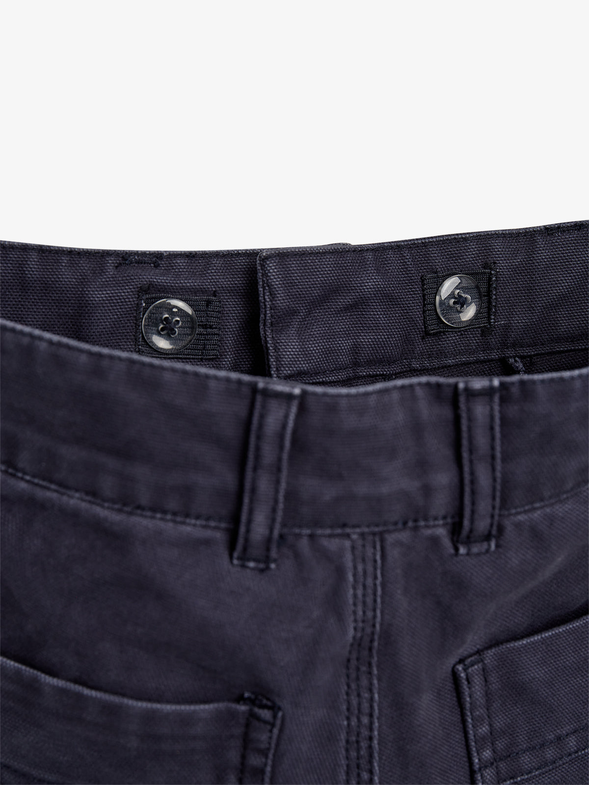 Dark navy pants with belt loops and visible stitching. The focus is on the waistband, showing two buttons. The surrounding area includes a pocket partially visible in the lower corner.