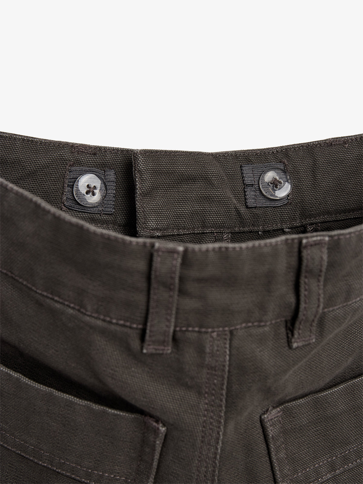 Dark trousers with a close-up view of the waistband, featuring two black buttons on tabs, alongside belt loops. The fabric texture appears sturdy, creating a utilitarian style.