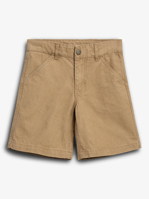 Tan shorts lie flat, featuring a single button and zip closure with two front pockets. The shorts are positioned on a plain white background.