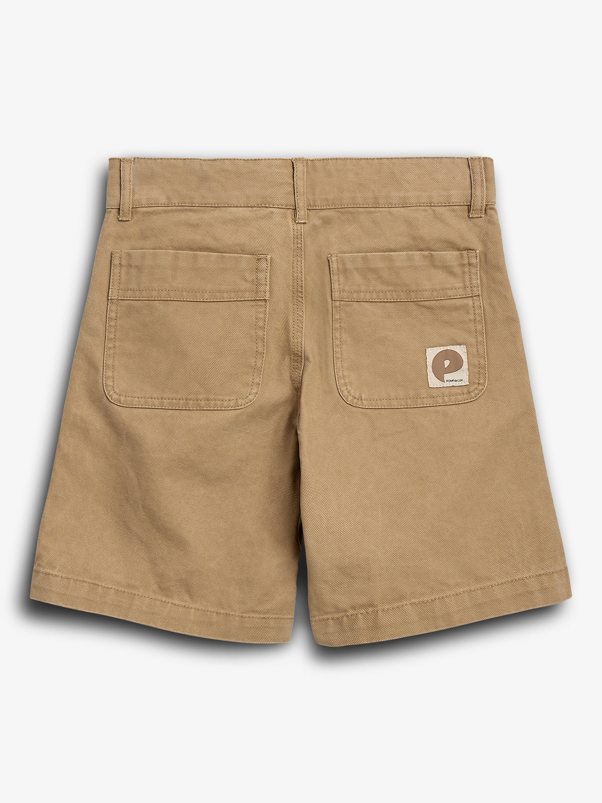 Tan shorts with two back pockets and a logo tag attached to the right pocket. The shorts are displayed against a plain, white background.