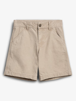 Beige khaki shorts with front button, belt loops, and side pockets, displayed against a plain white background.