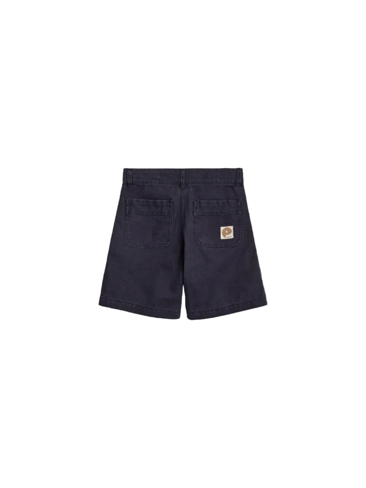 Dark blue shorts feature two large back pockets; one pocket displays a small rectangular label with a stylized "P" logo and the text "Pornhub." The background is plain white.