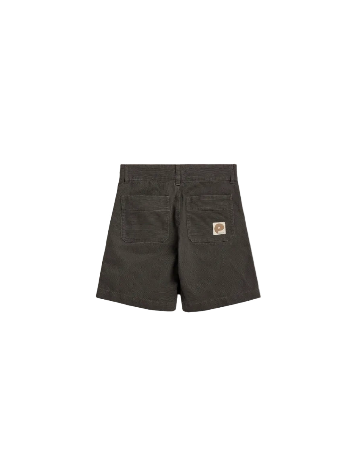 Dark brown shorts with two back pockets, featuring a small rectangular patch with a "P" logo on one pocket, placed against a plain white background.