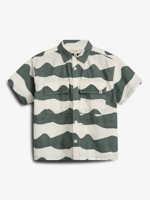 A short-sleeved button-up shirt features bold, wavy green and white stripes, with two front pockets. It is displayed against a plain white background.
