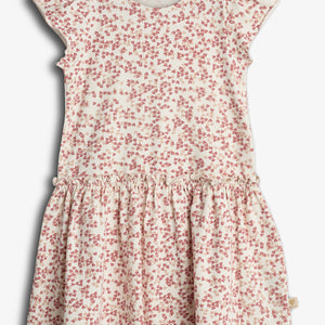 A cream-colored, short-sleeve dress is covered in a red butterfly pattern. It features a gathered waist and a casual design for children. Background is plain white.