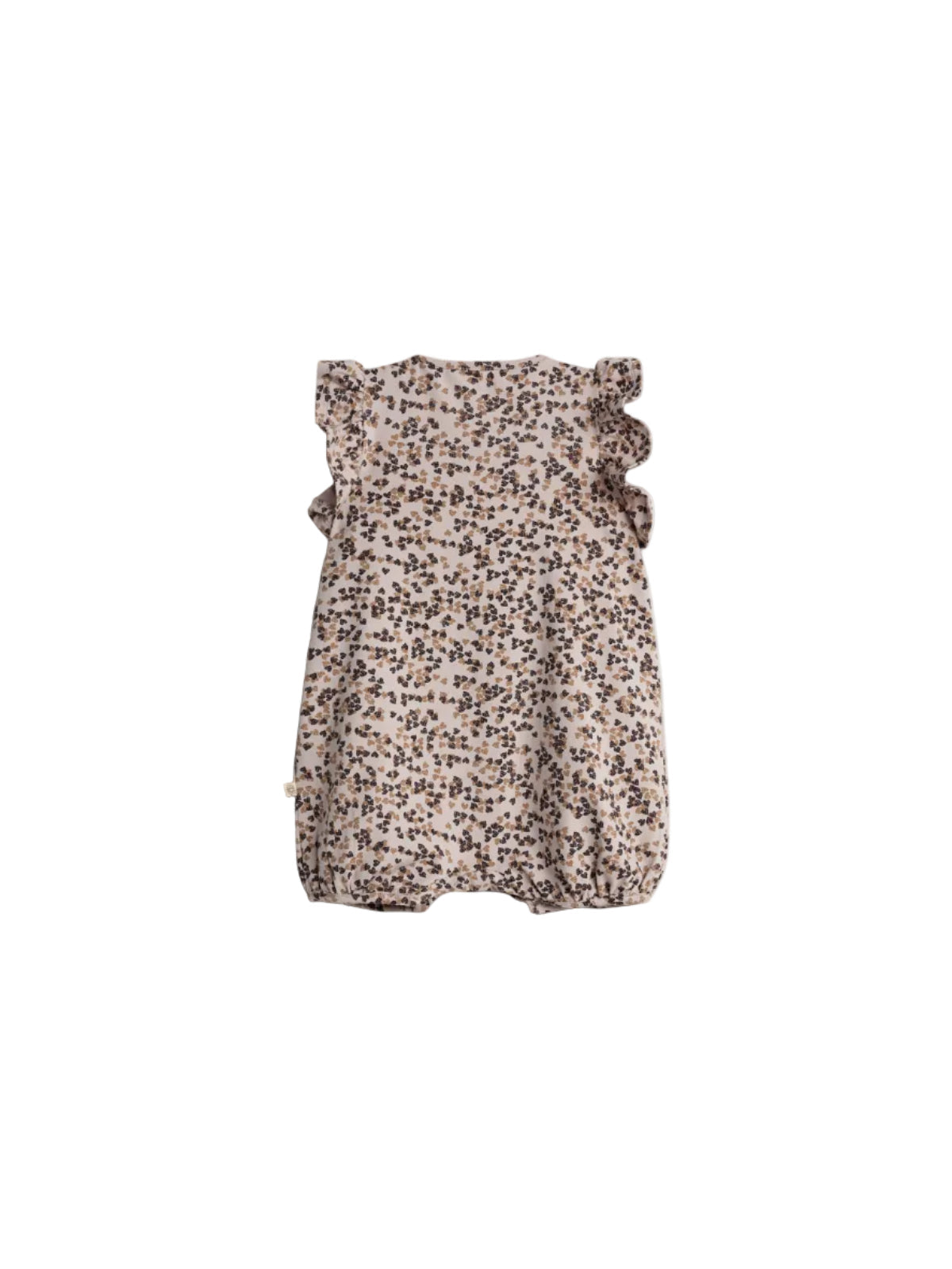 Floral-patterned baby romper with ruffled sleeves hangs against a plain, light background. The fabric is light-colored with small, scattered brown and black floral clusters.