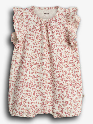 A white baby romper decorated with a pink strawberry pattern, featuring ruffled sleeves. The label reads "PURE.LUX ORGANIC COTTON," suggesting an emphasis on organic materials.