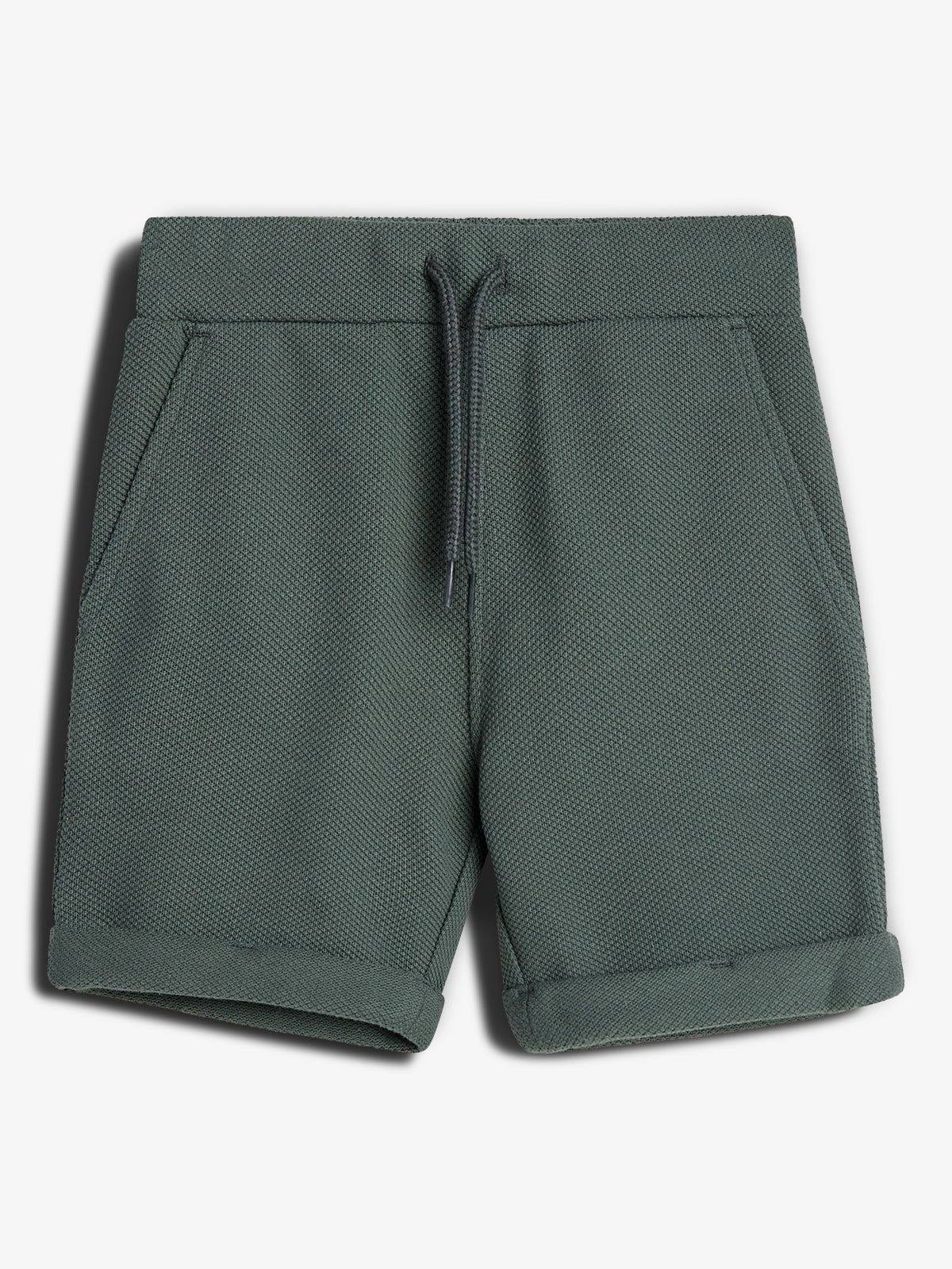 Dark green textured shorts with a drawstring waistband and two front pockets, contextually placed against a plain white background.