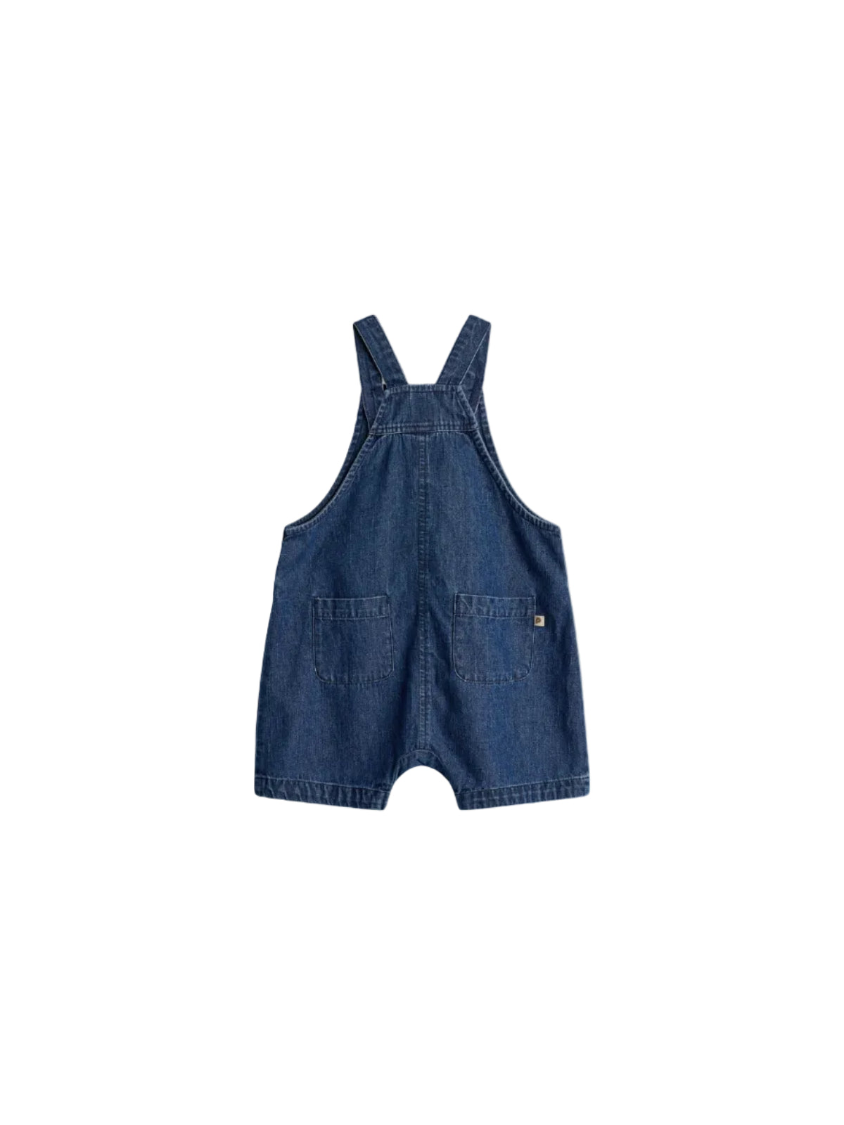 Denim overall features two pockets on the front, with adjustable shoulder straps against a plain white background, highlighting its casual design.