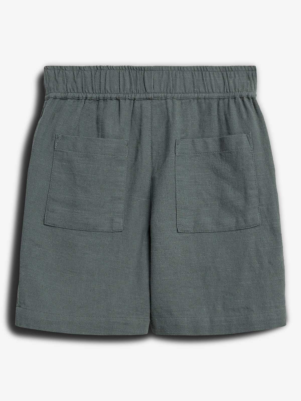 Gray shorts with an elastic waistband and two back pockets, lying flat against a plain white background.