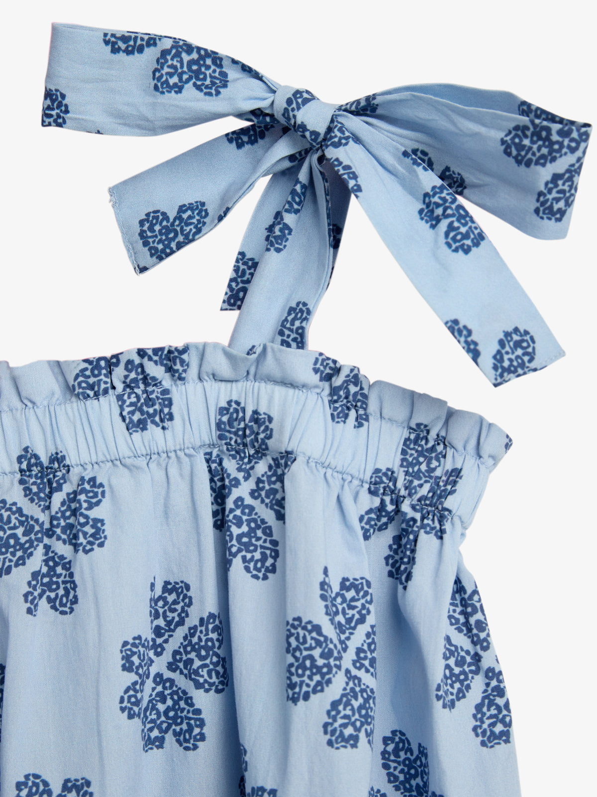 Light blue fabric features dark blue floral patterns, forming a gathered waist with an attached bow tie. The environment is plain and unadorned, highlighting the garment details.