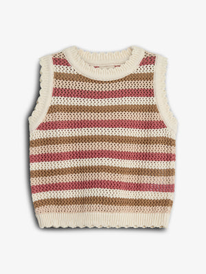 A knitted sleeveless sweater features horizontal stripes in cream, brown, and pink. It's laid flat against a plain white background, highlighting its textured, open-knit pattern and ribbed edges.