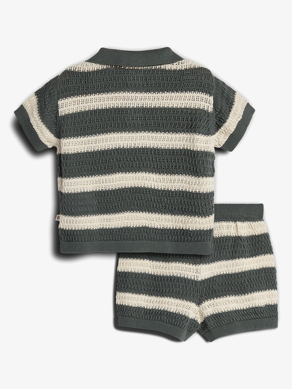 A knitted outfit consisting of a short-sleeved top and shorts, featuring alternating dark green and white horizontal stripes, displayed on a plain white background.