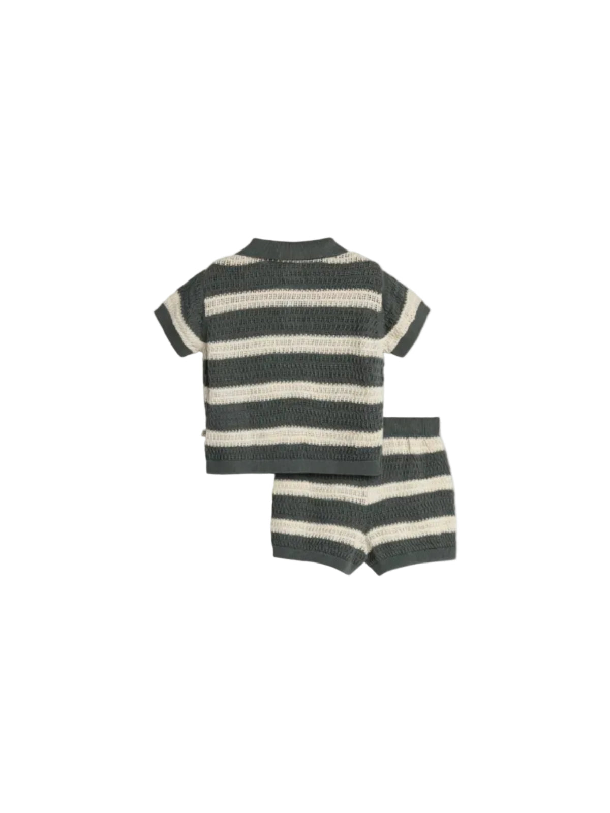 A knitted outfit consisting of a short-sleeved top and shorts, featuring alternating dark green and white horizontal stripes, displayed on a plain white background.