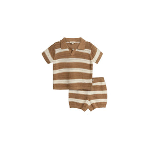 A crocheted, short-sleeved shirt and shorts set features alternating brown and cream horizontal stripes. The shirt has a collar and is placed on a plain white background.