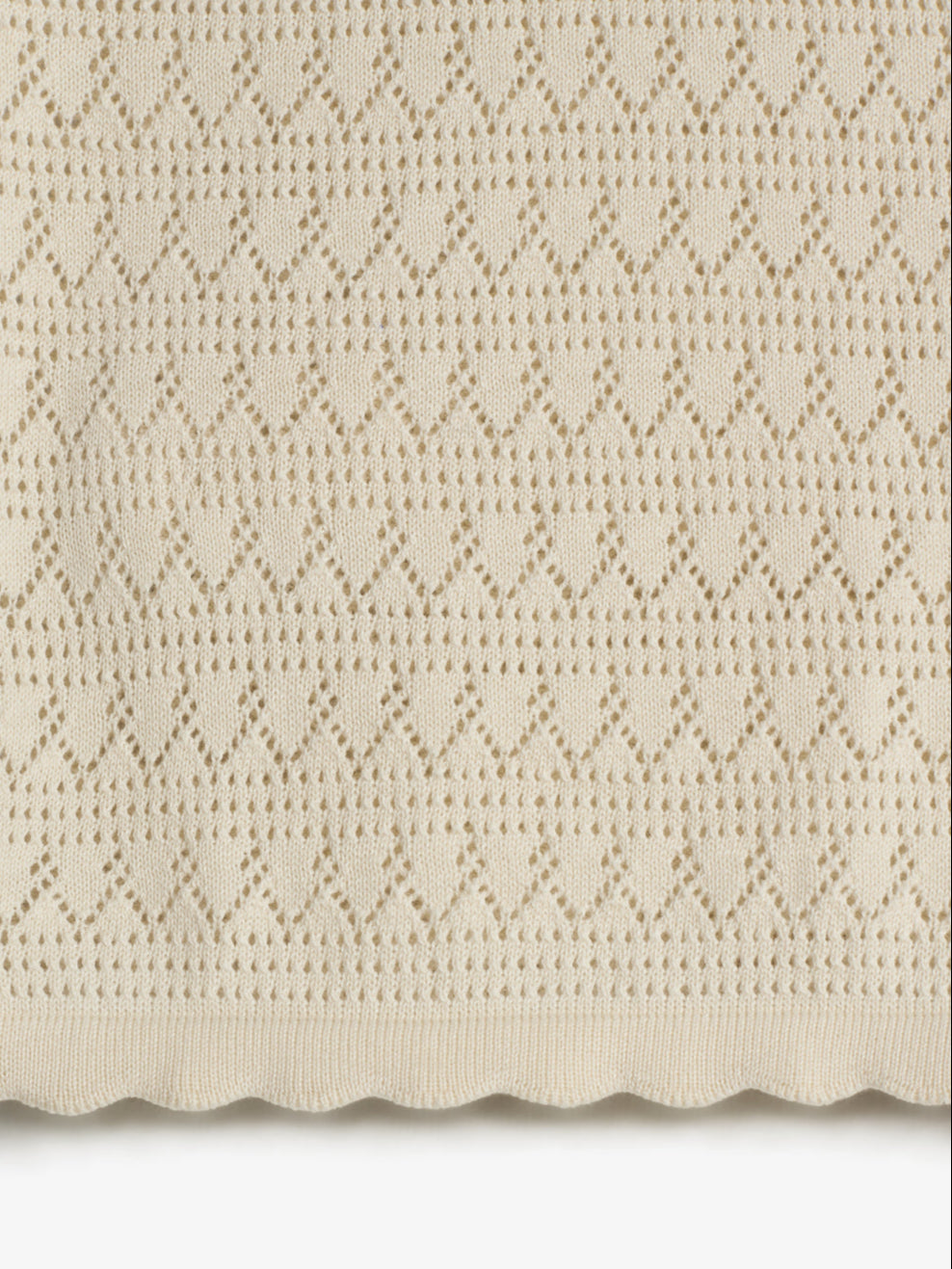 A cream-colored knitted fabric features a geometric pattern of triangles and eyelets, with a scalloped edge, creating an intricate, airy texture in a close-up view.