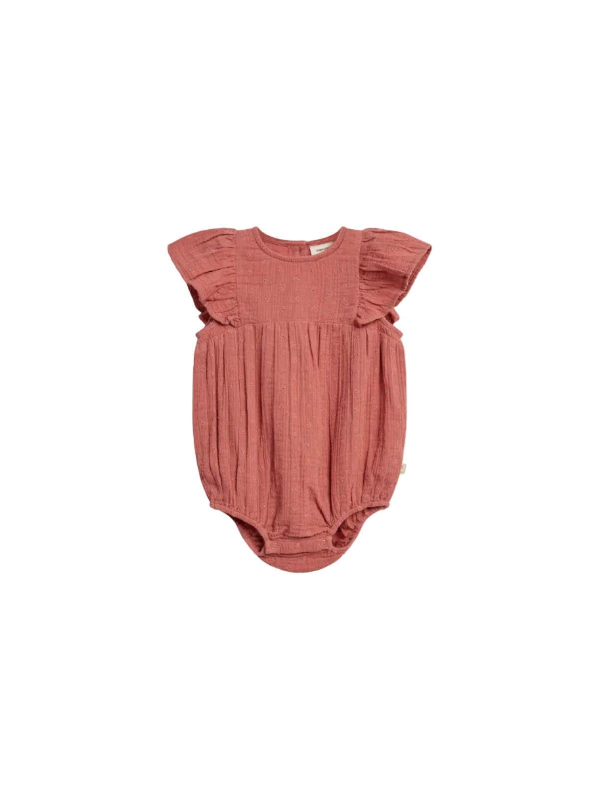 A pink baby romper with ruffled sleeves, featuring small embroidered patterns, lies flat against a white background. It has buttons at the bottom for fastening and a visible inner label.