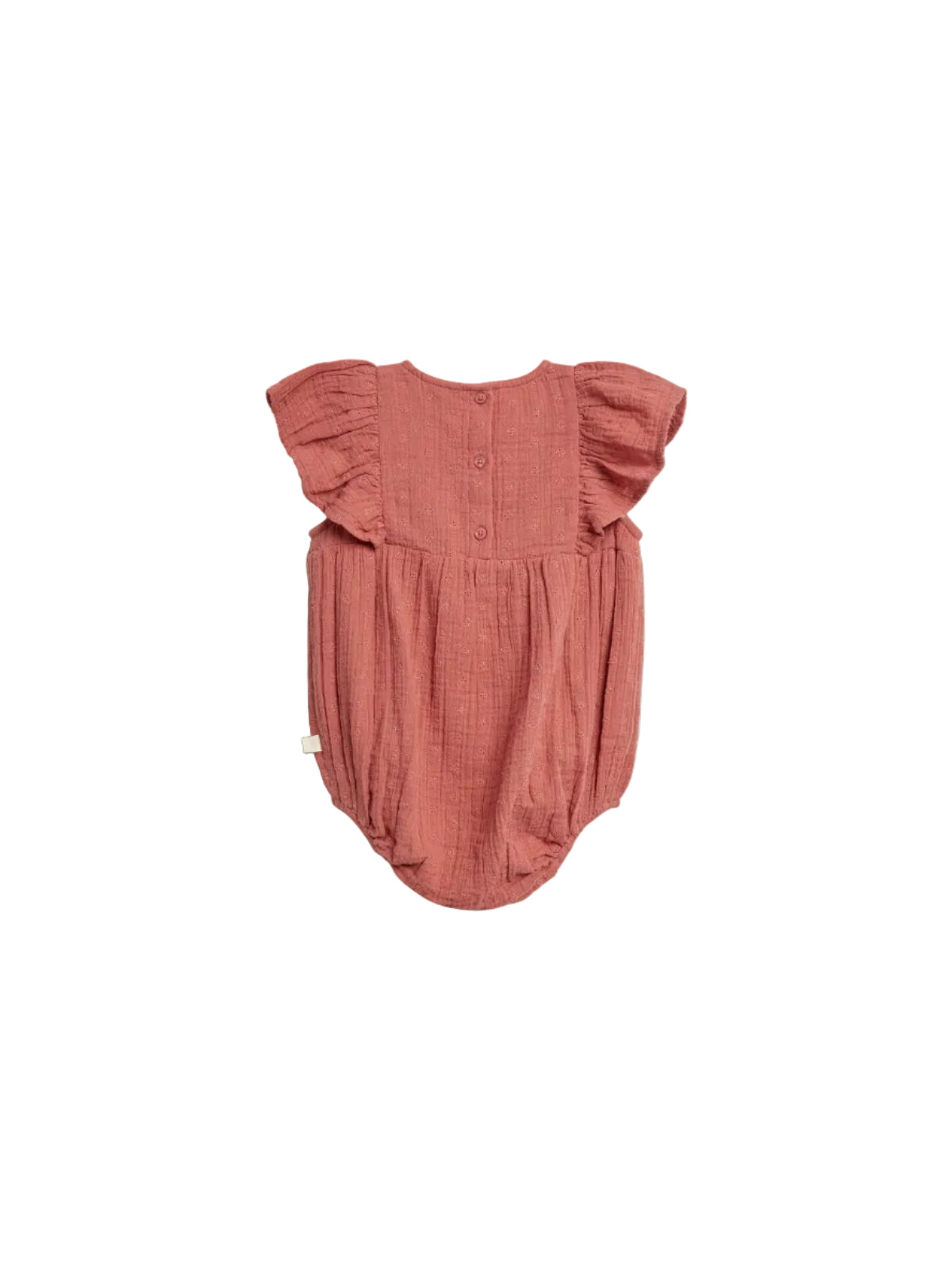The romper is pink with ruffled sleeves, adorned with small embroidered patterns. It's buttoned down the back, providing a delicate design suitable for babies, set against a plain backdrop.
