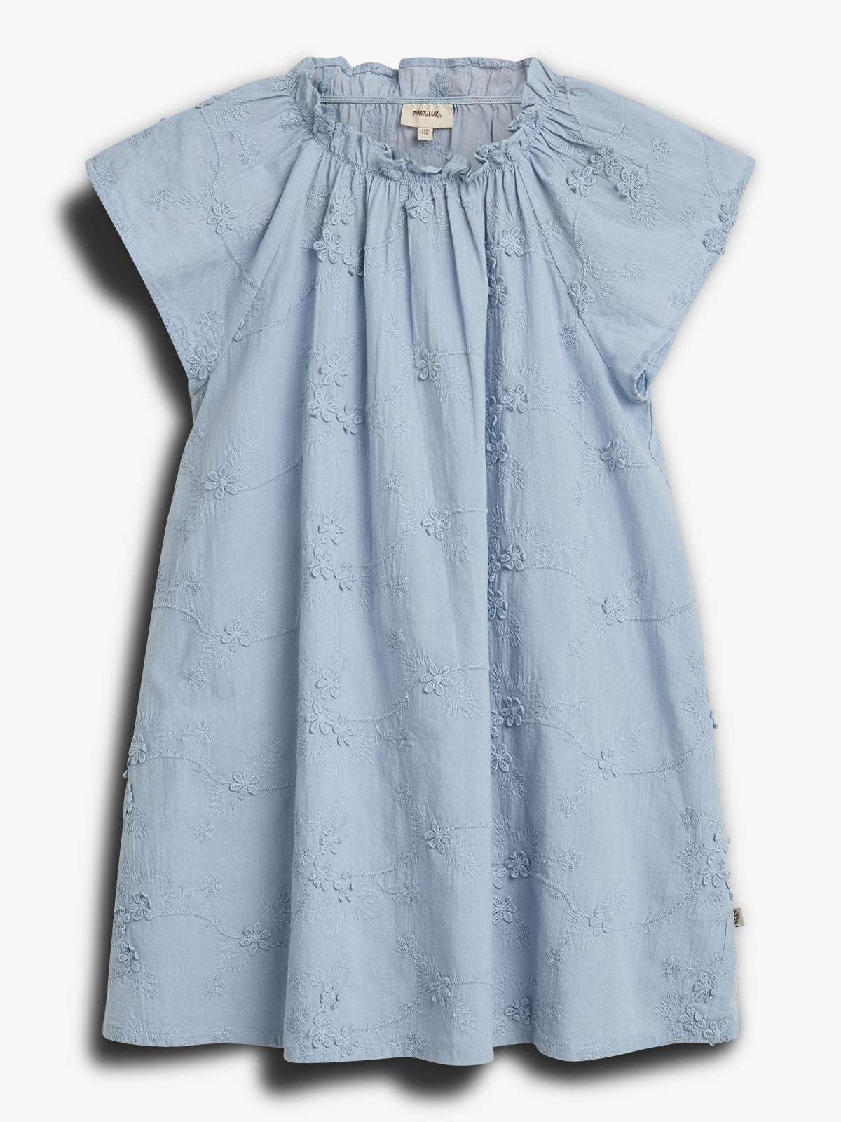 A light blue dress features floral embroidery, with short sleeves and a gathered neckline, displayed on a plain white background. A label inside the neckline reads "minä perhonen."