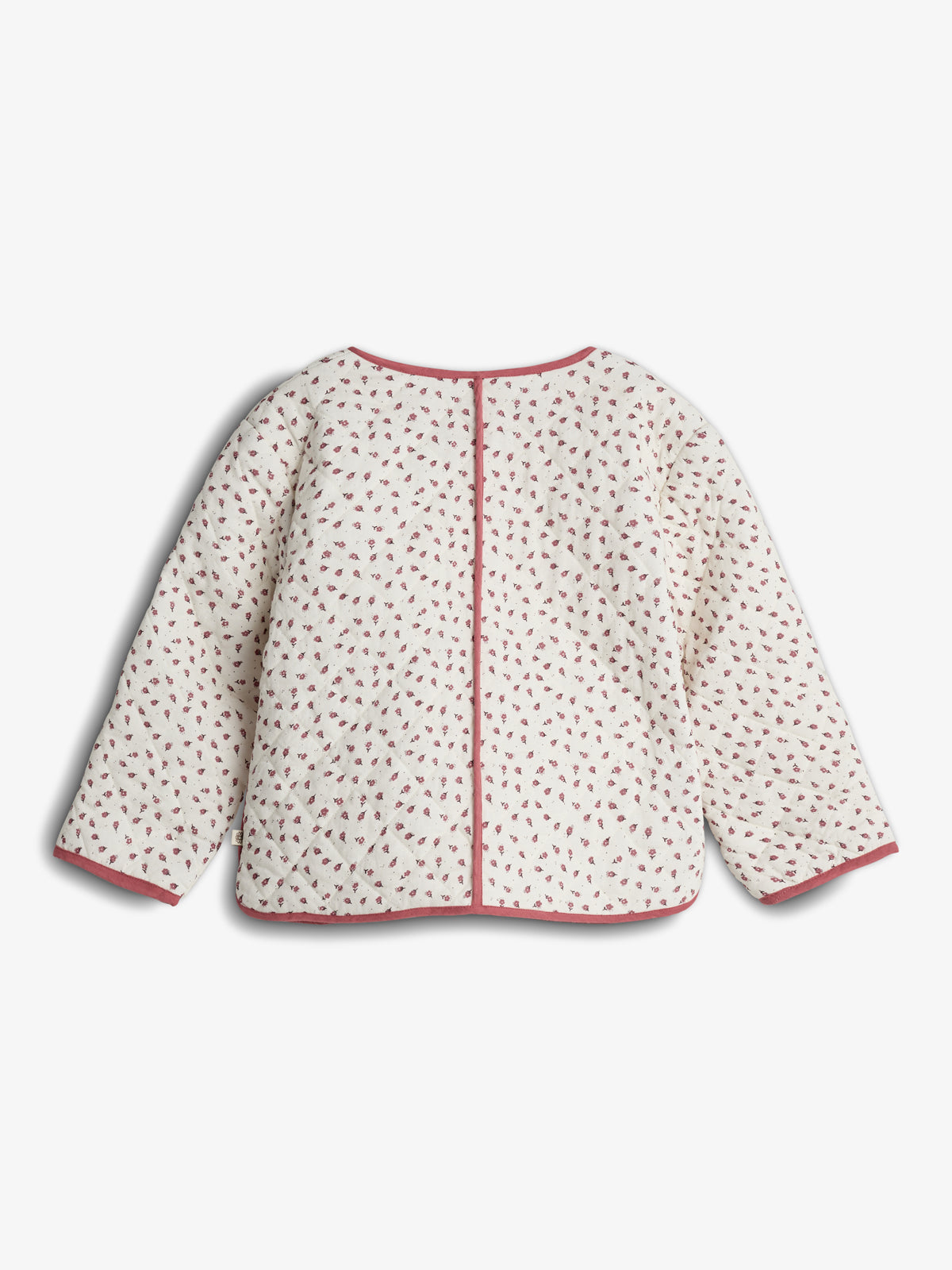 A quilted jacket with a white background and pink floral pattern, featuring pink trim on the collar, cuffs, and a vertical back seam, displayed against a plain backdrop.