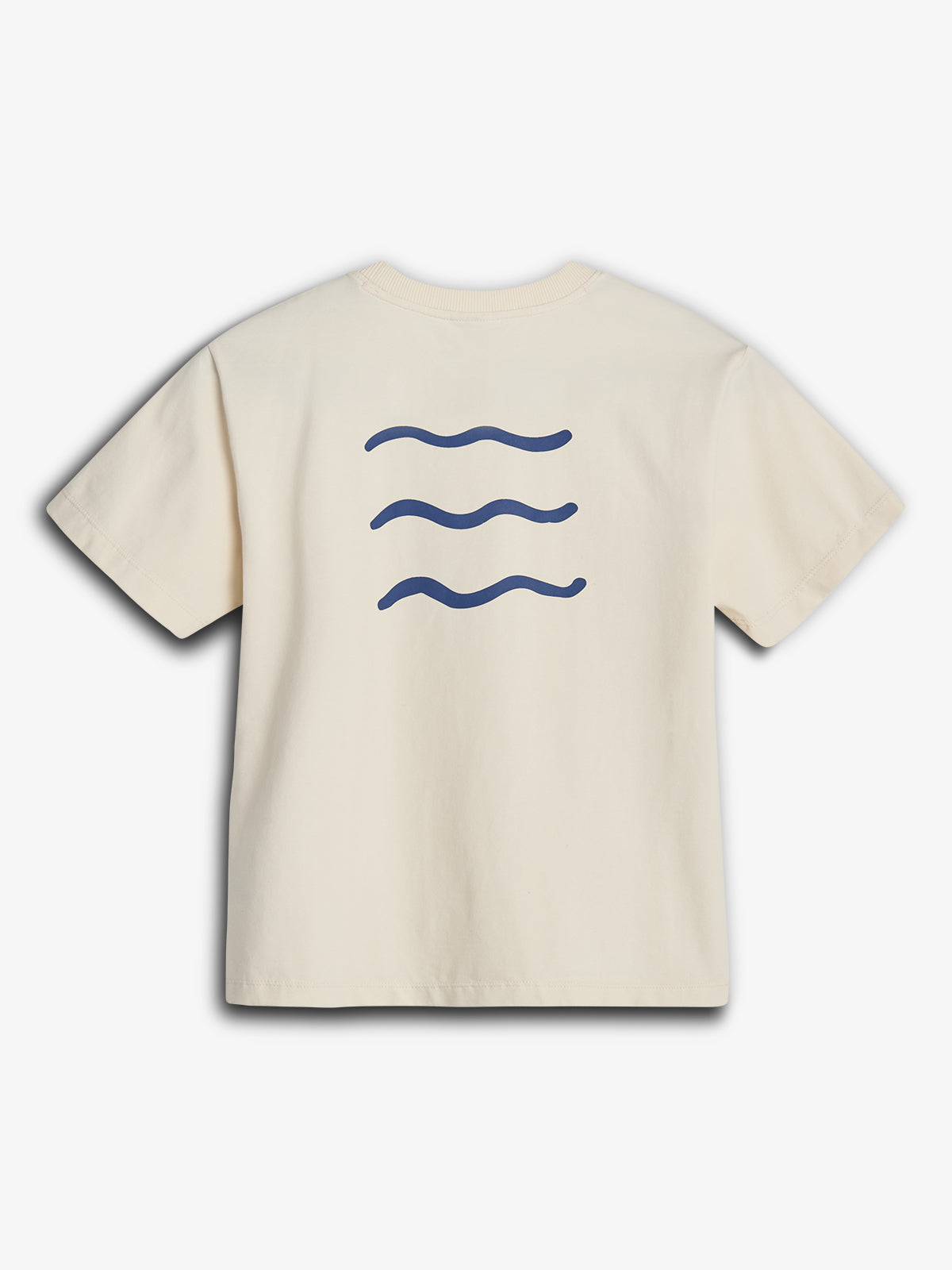 A beige T-shirt displays three horizontal blue wavy lines on the back, positioned against a plain white background.