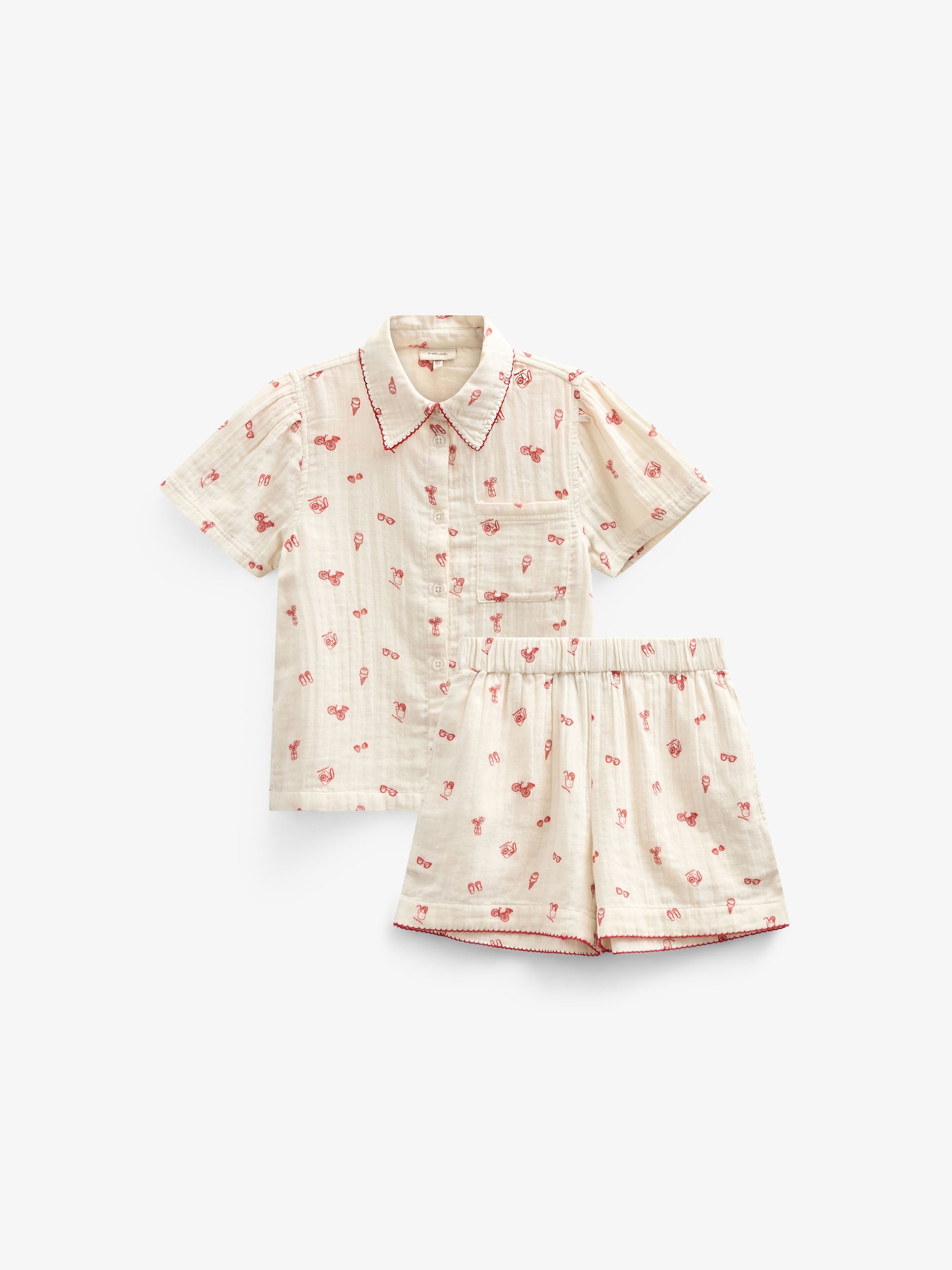 Bedrucktes Gaze Hemd und Shorts Set - Tween - Offwhite/Cherry Red | 100973 Fiona