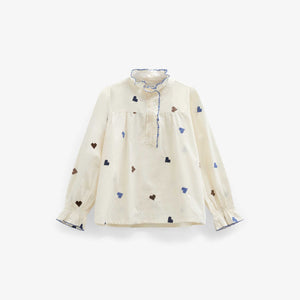 Heart Embroidered Cotton Blouse - Tween - Blue/Brown | 101456 Elina
