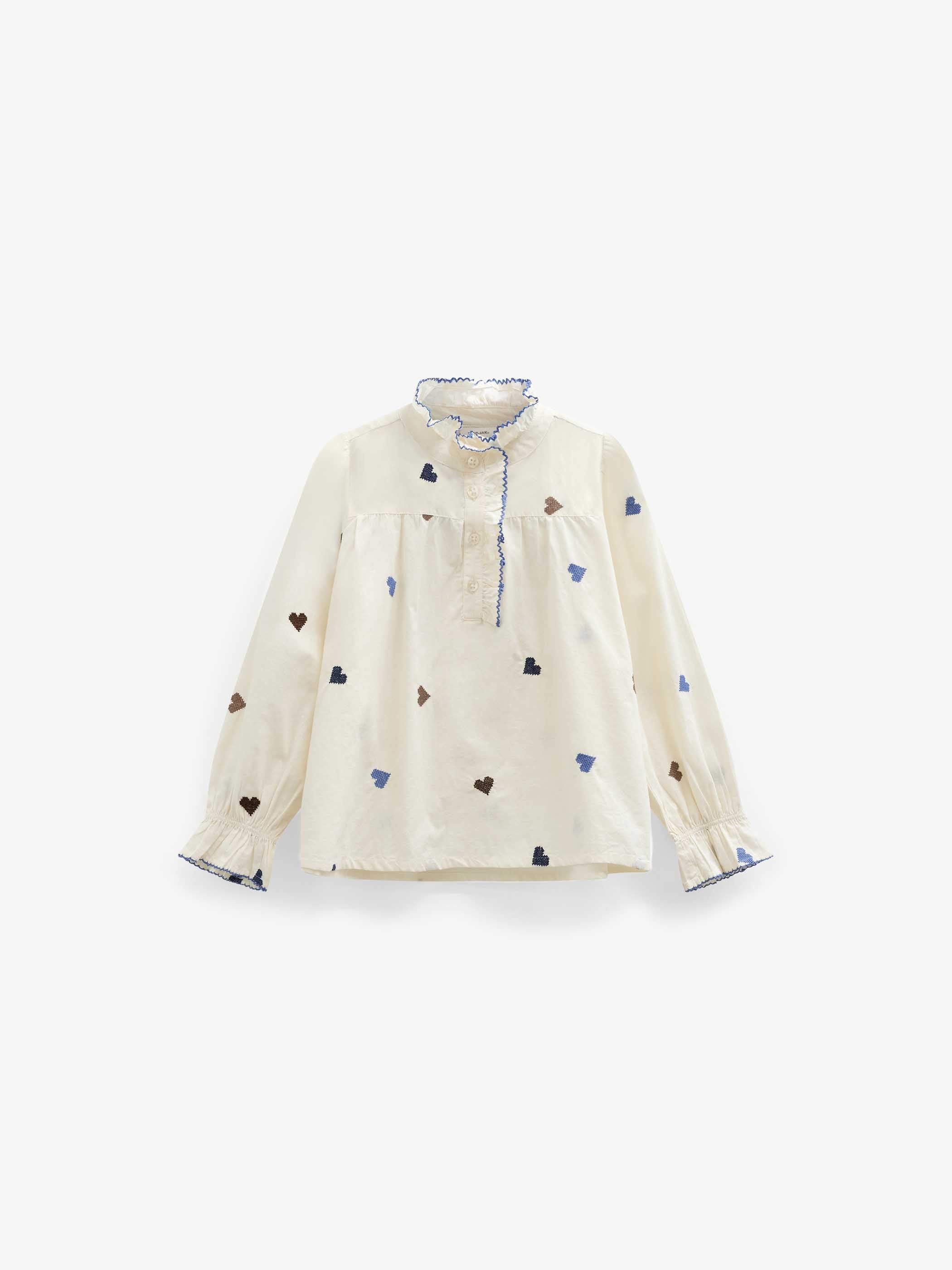 Heart Embroidered Cotton Blouse - Kids - Blue/Brown | 101455 Elina