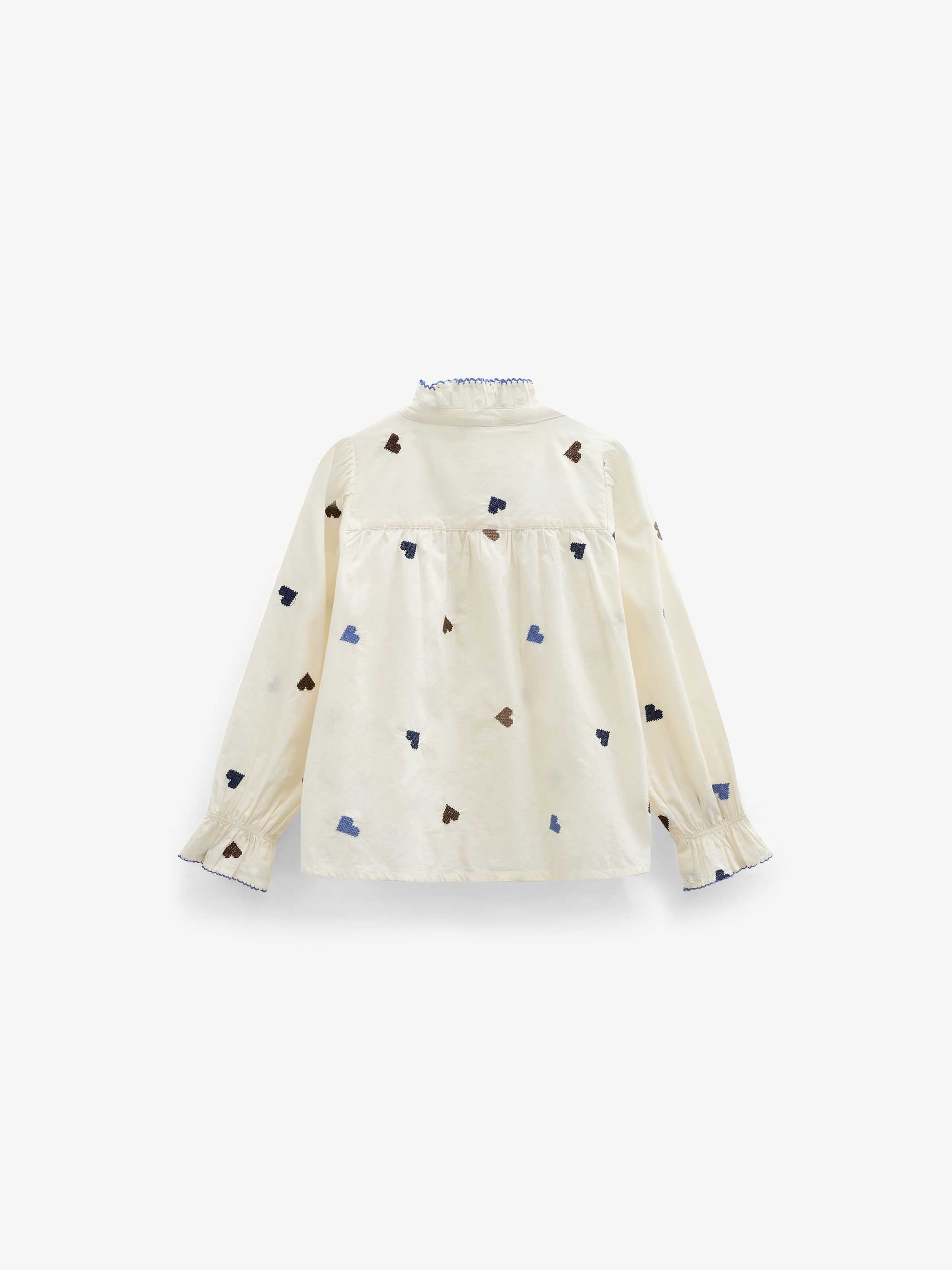 Heart Embroidered Cotton Blouse - Kids - Blue/Brown | 101455 Elina