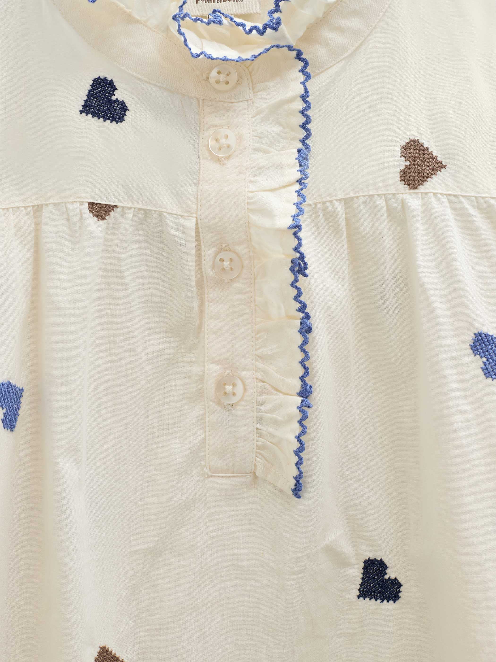 Heart Embroidered Cotton Blouse - Kids - Blue/Brown | 101455 Elina
