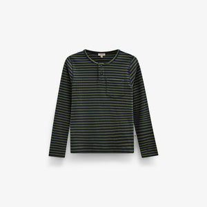 Ribbed Long-Sleeve Henley T-Shirt - Kids - Moss Green/Navy Stripe | 101595 Conrad