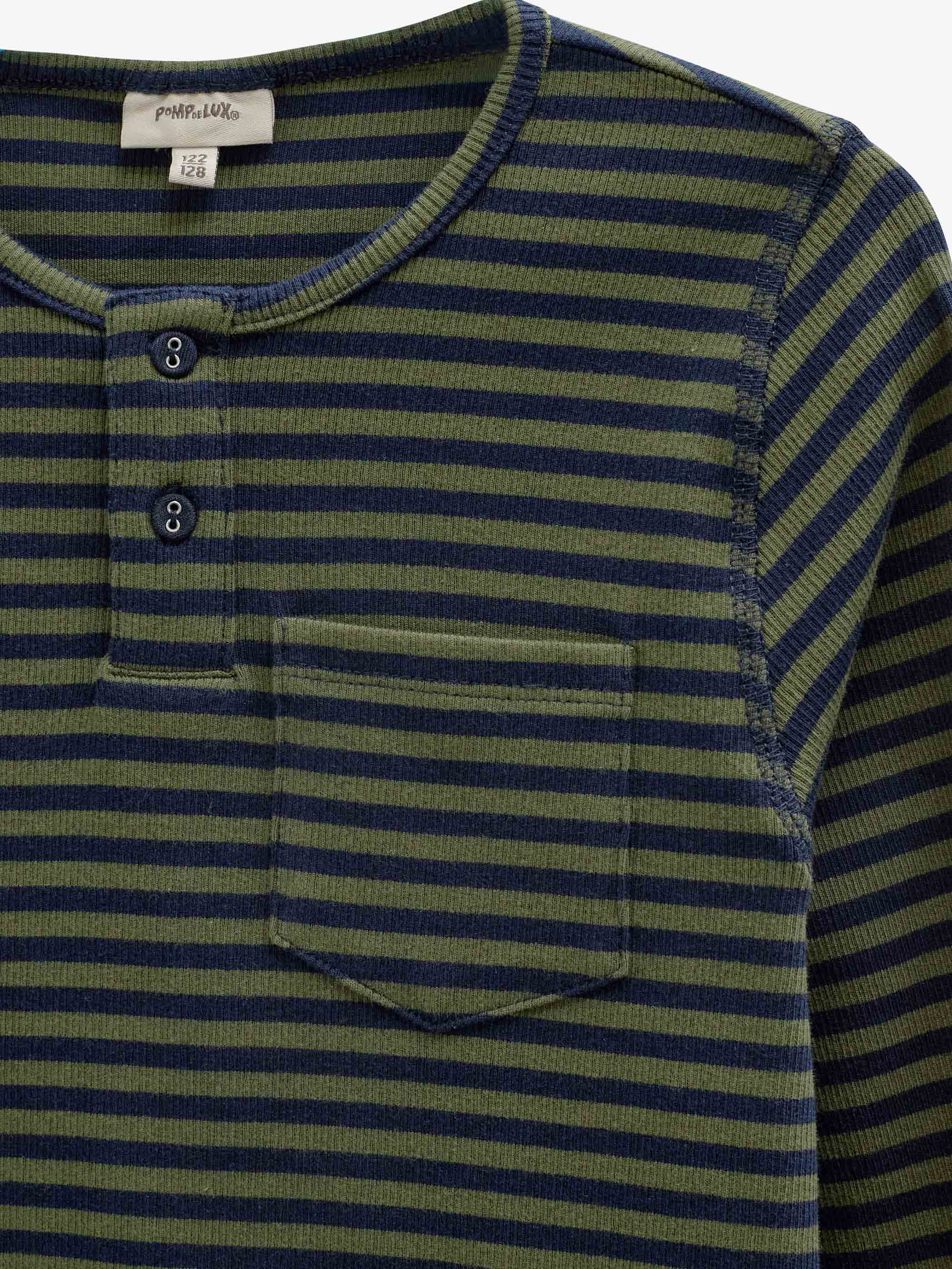 Ribbed Long-Sleeve Henley T-Shirt - Kids - Moss Green/Navy Stripe | 101595 Conrad