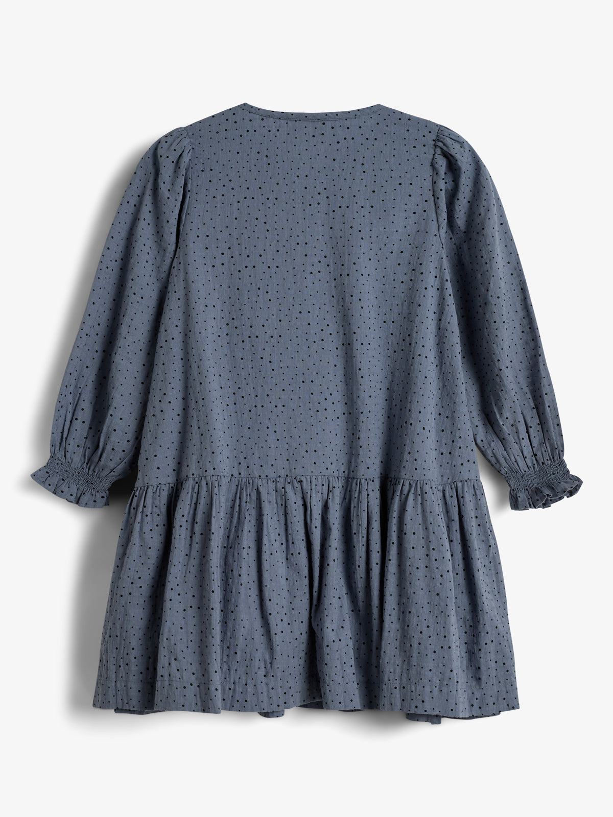 A blue, long-sleeved dress hangs still, featuring a dotted pattern and a gathered, tiered skirt, set against a plain white background.