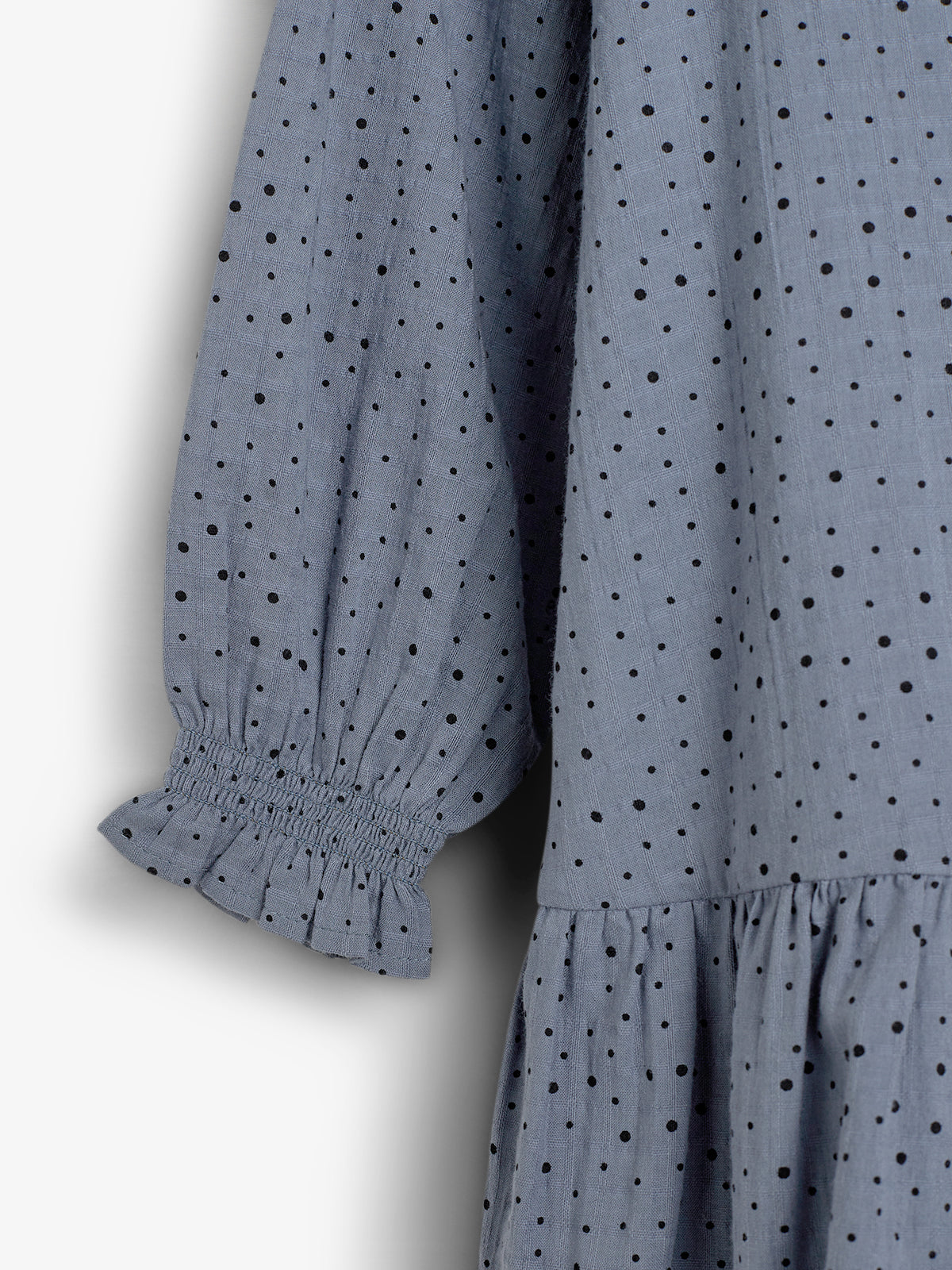 A blue-gray fabric with black polka dots features gathered, elasticized sleeves and tiered ruffles, suggesting a garment like a dress or blouse. The background is plain white.