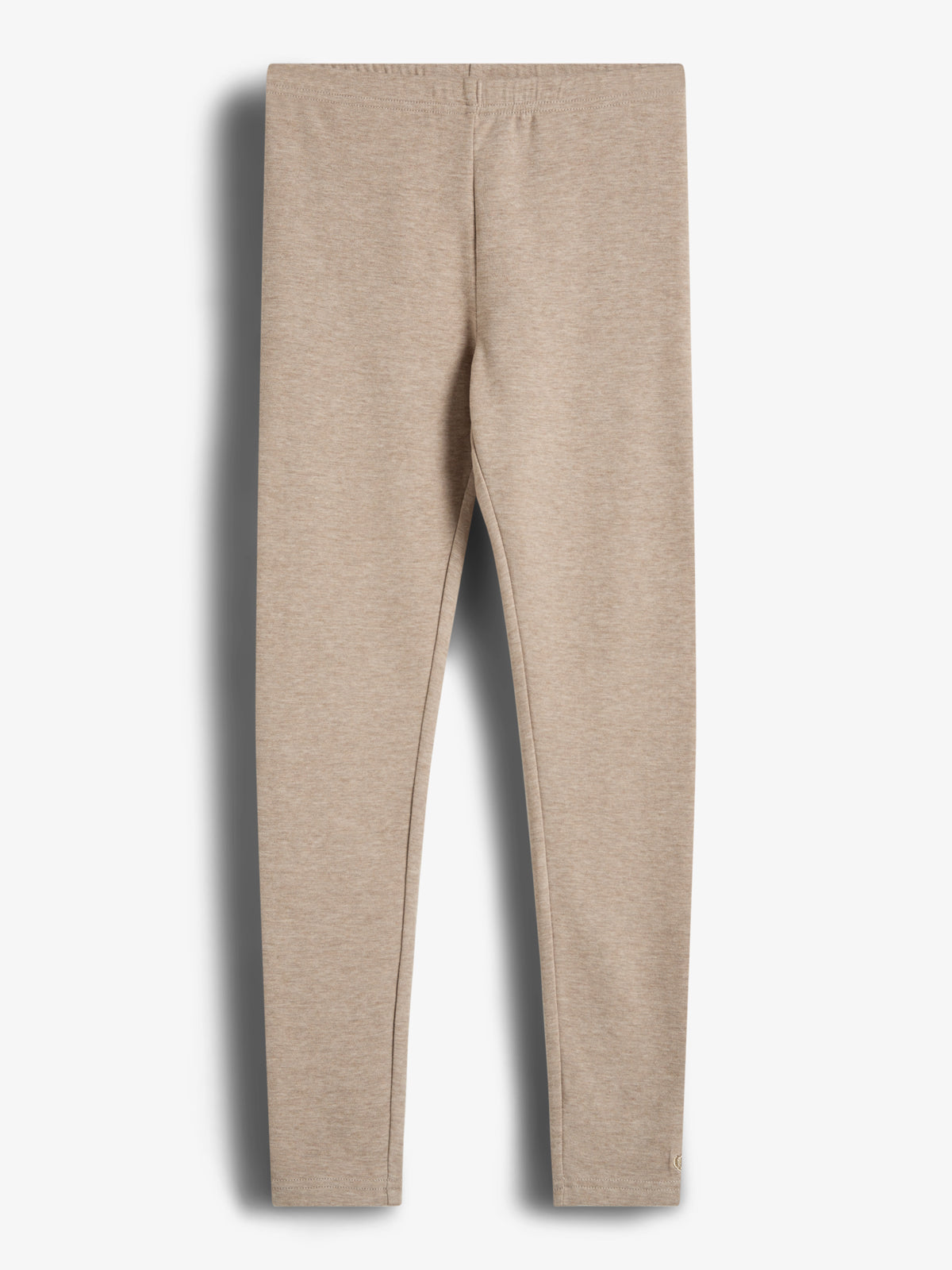 Beige leggings hanging against a white background, showing a simple, straight-cut style with an elastic waistband.