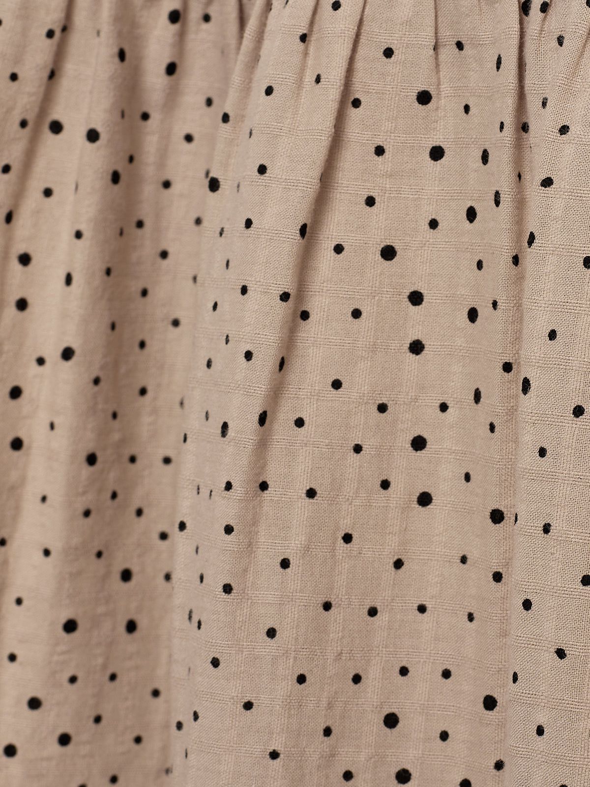 Beige fabric with black polka dots, featuring a subtle grid pattern. The material appears gathered or pleated, suggesting clothing or upholstery in a softly lit environment.