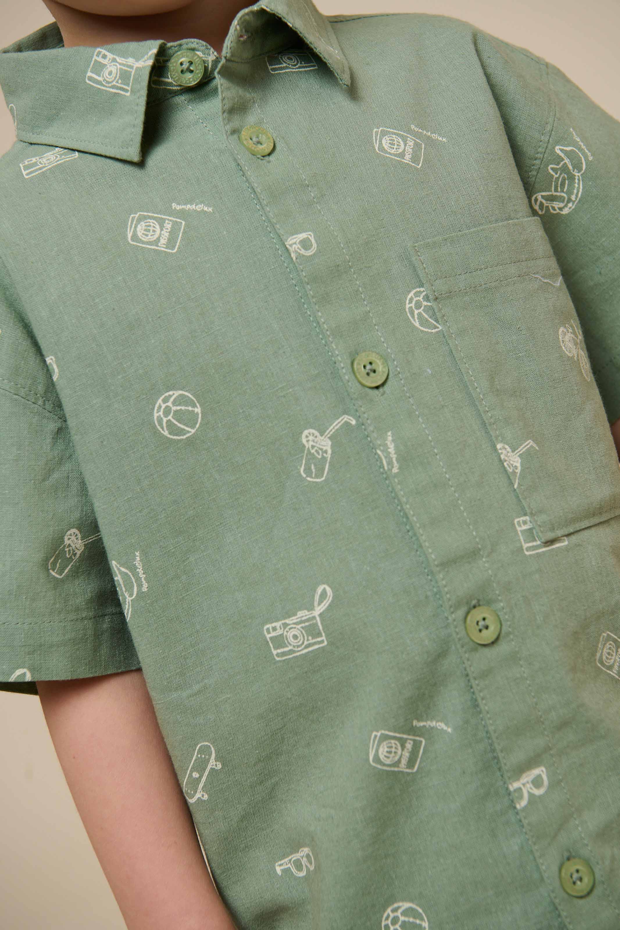 Bedrucktes Leinenmix Hemd - Kids - Dusty Green | 101165 William