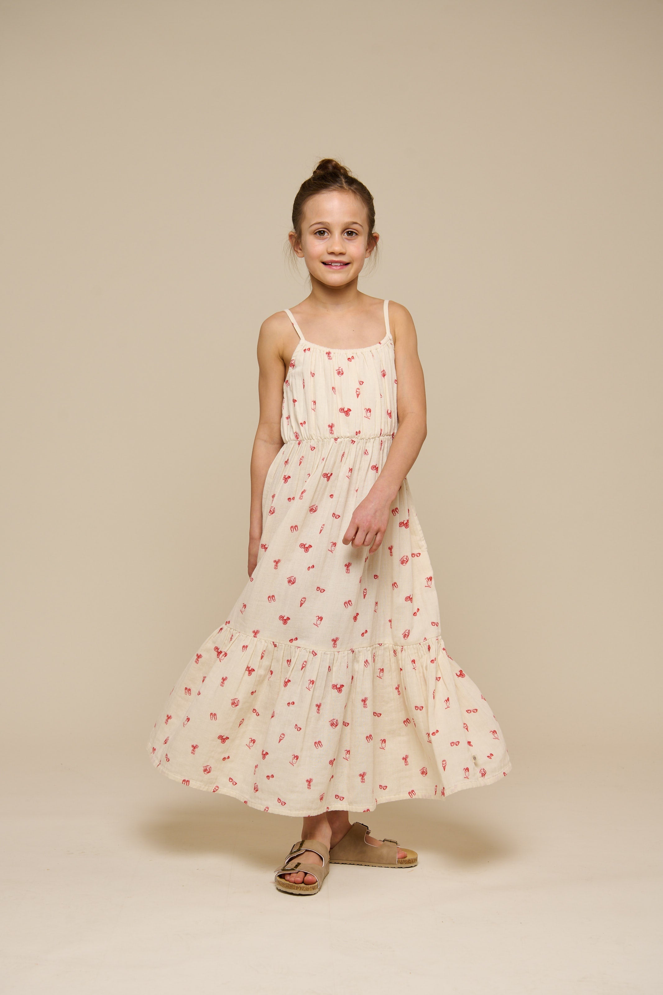 Bedrucktes Gaze-Midi-TrΓ€gerkleid - Tween - Offwhite/Cherry Red | 100974 Fiona