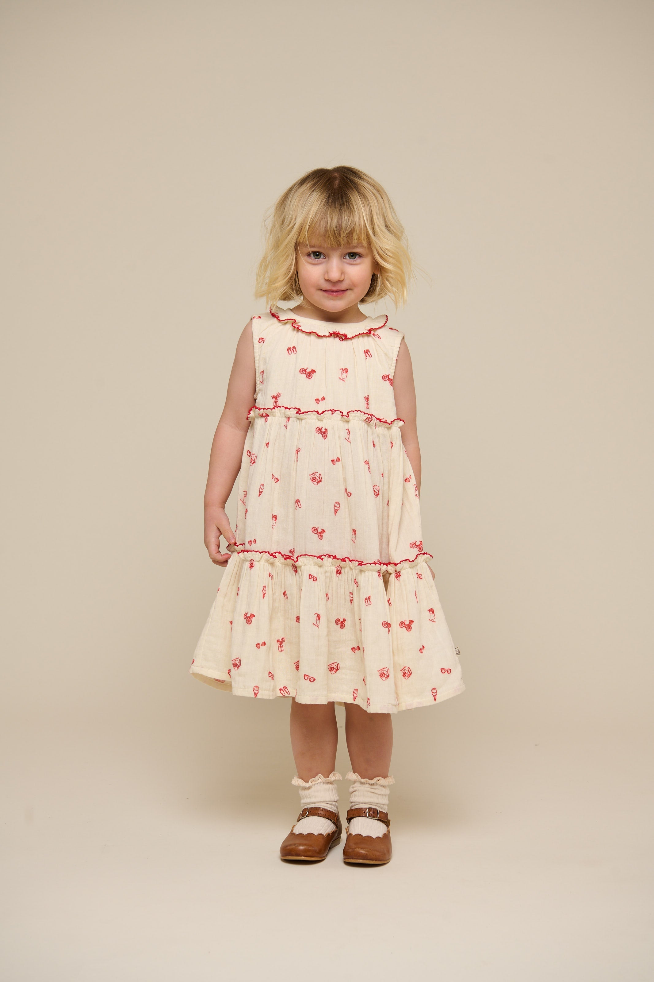 Bedrucktes Gaze-Kleid mit Kragen - Kids - Offwhite/Cherry Red | 100975 Fiona