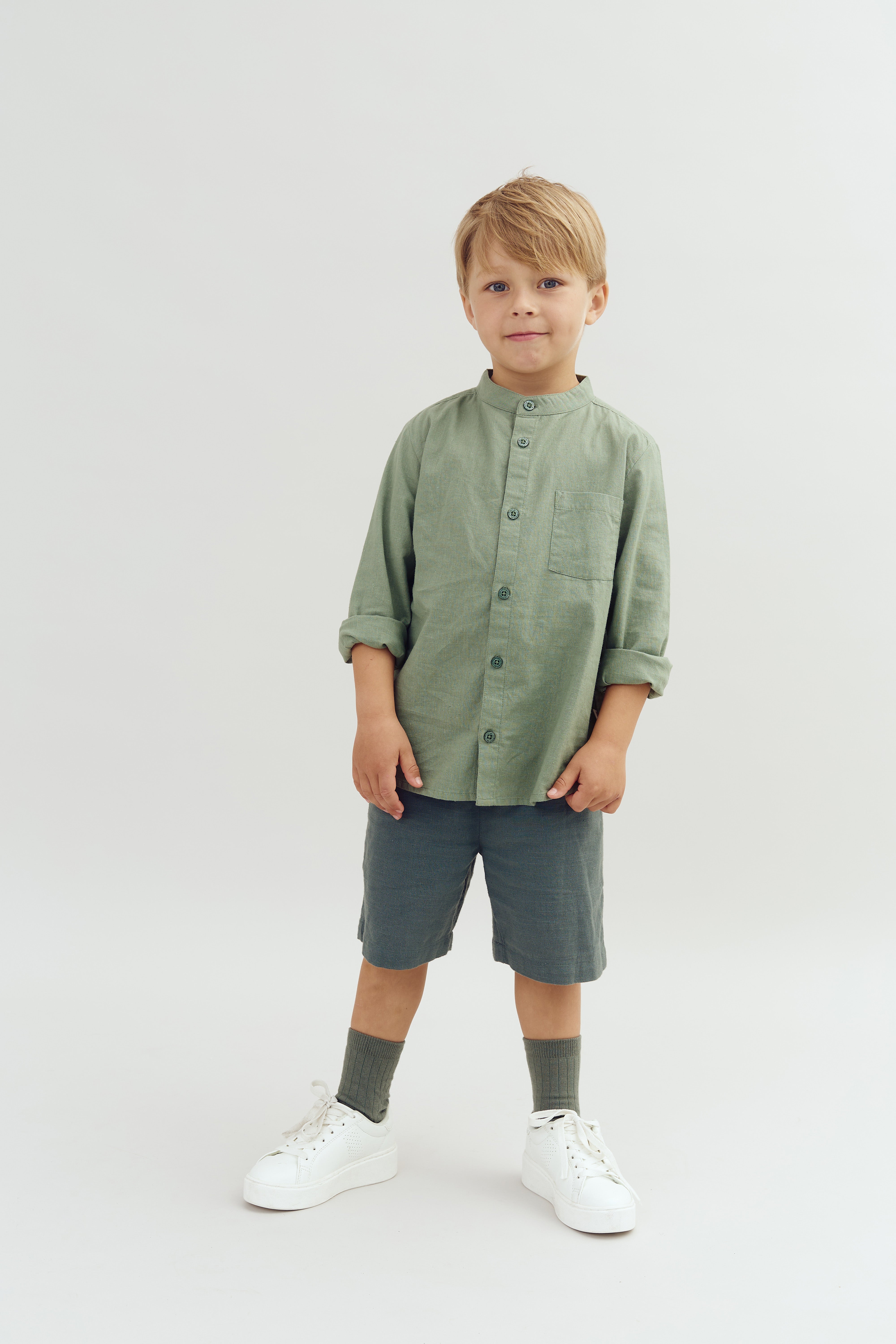 Leinen Stehkragenhemd - Green | 100175 Pelle