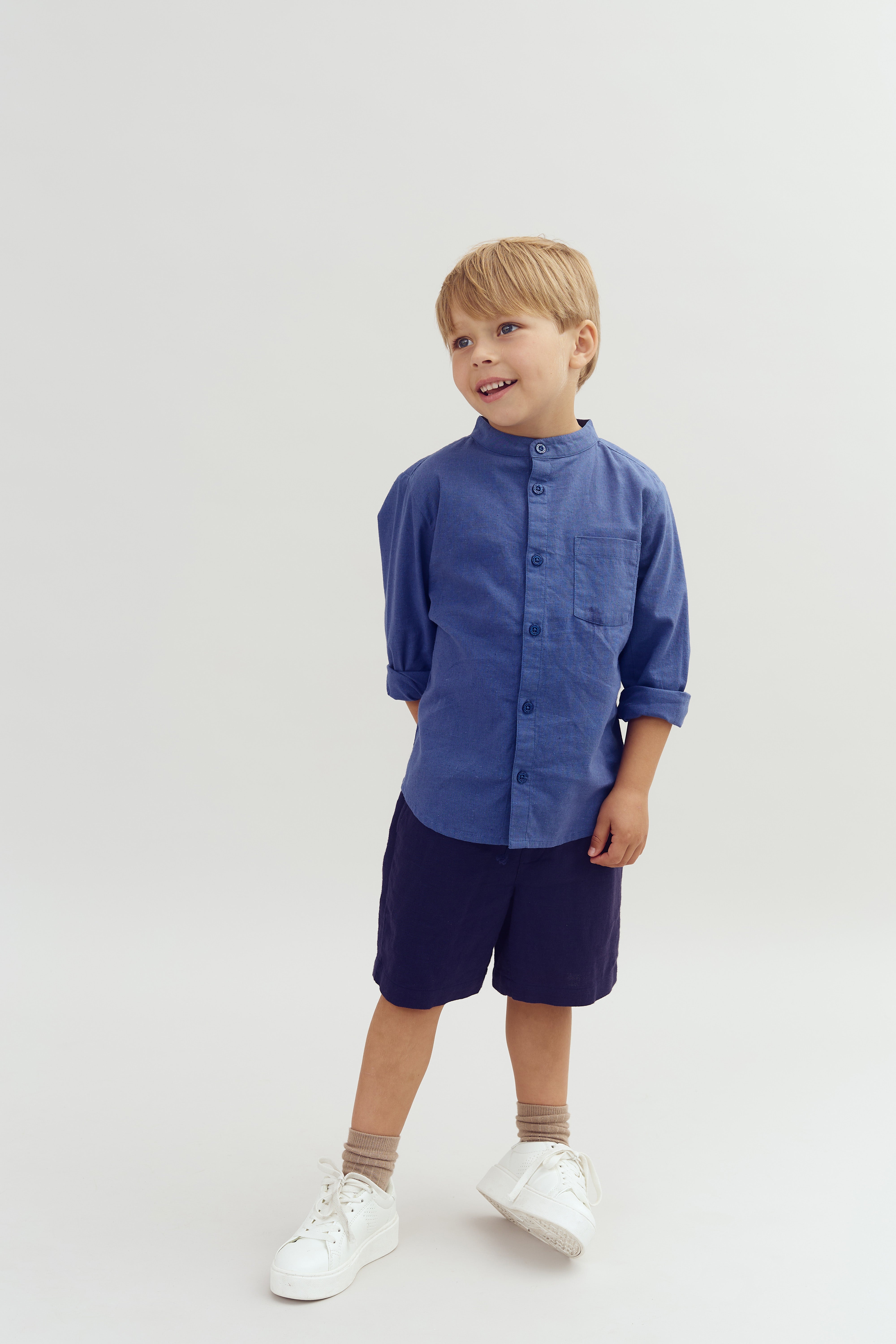 Leinen Stehkragenhemd - Dusty Cobalt | 100174 Pelle