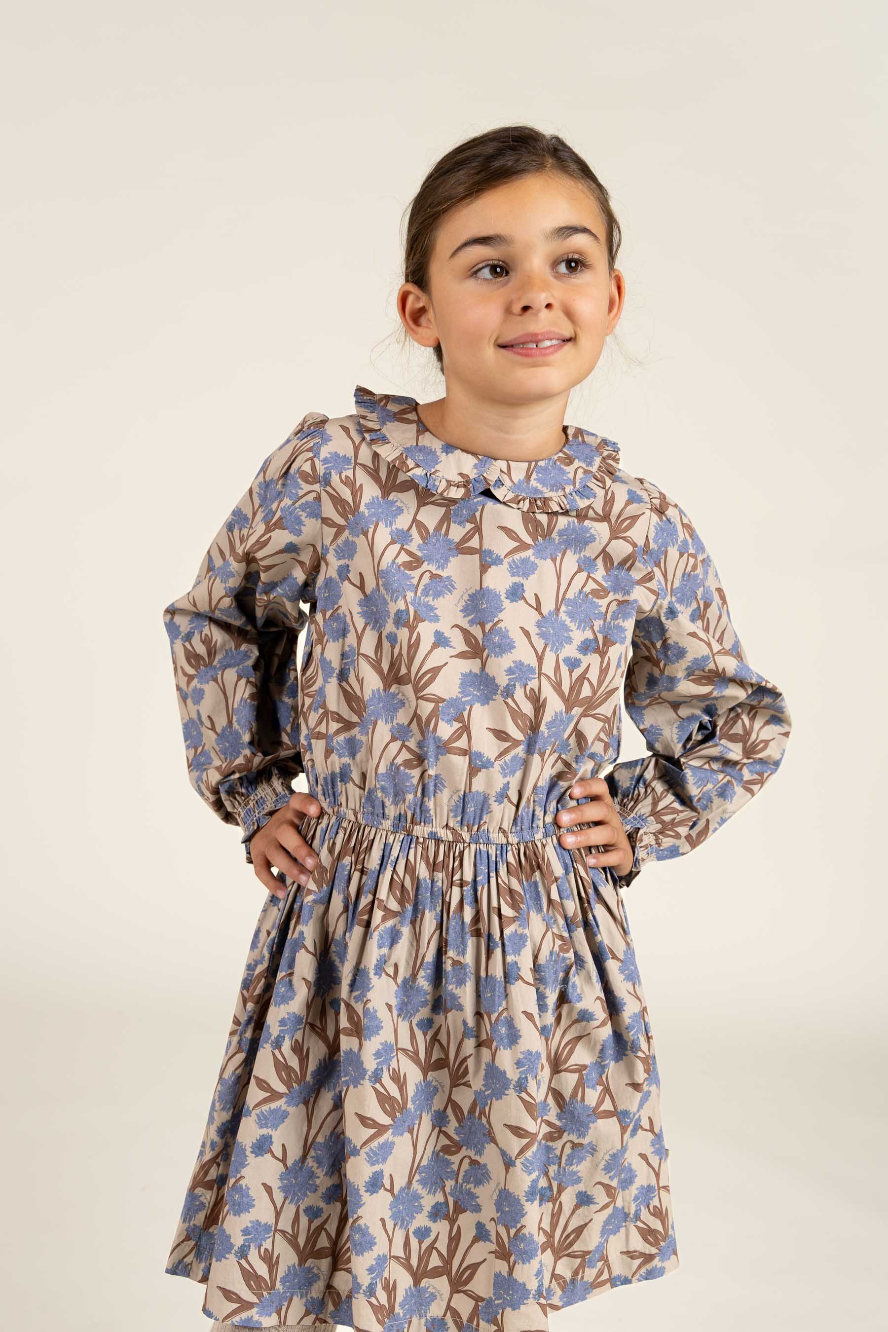 Bedrucktes Popeline-Kleid aus Baumwolle mit Gummizug in der Taille - Tween - Blue / Brown | 100719 Amy